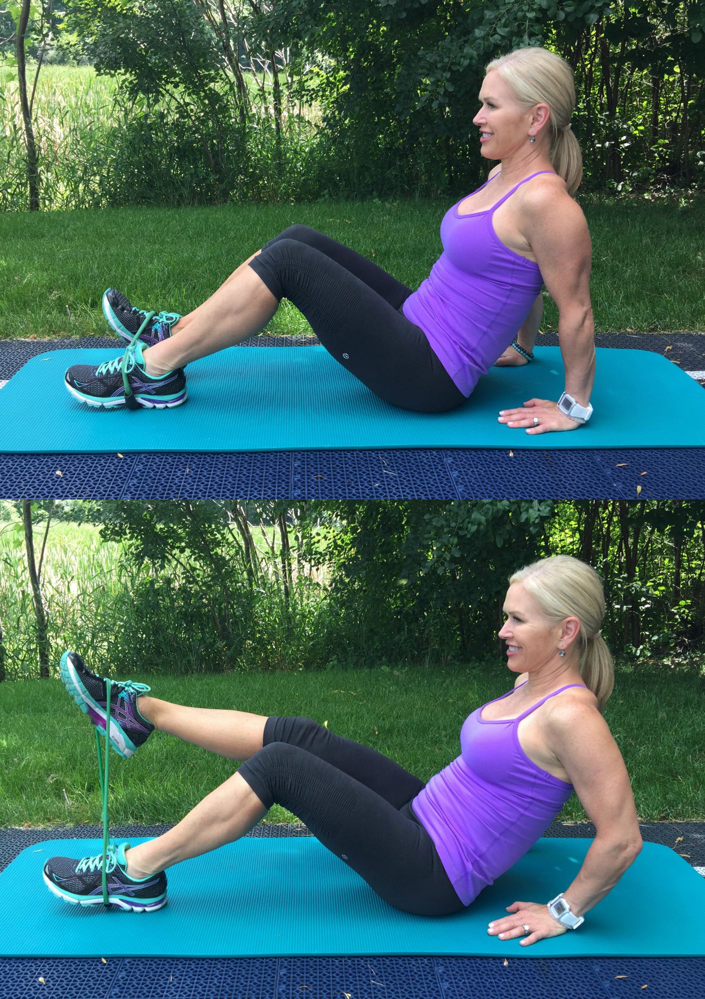 blond woman in purple top with one leg elevated