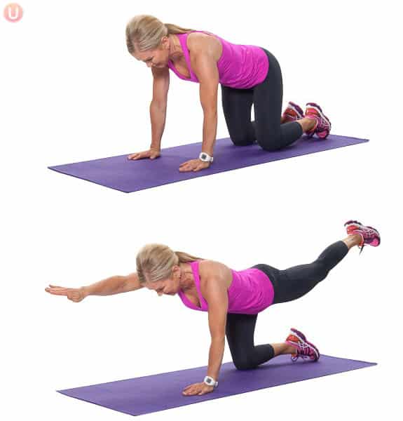 Chris Freytag doing bird dog on a purple yoga mat.