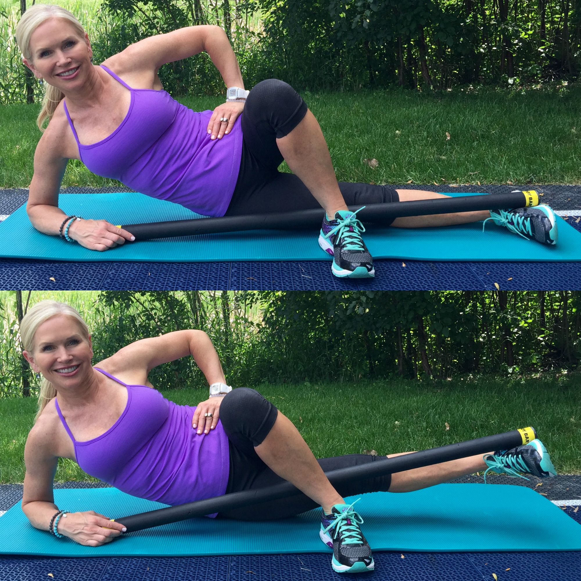 woman laying on side with pole for knee stretch