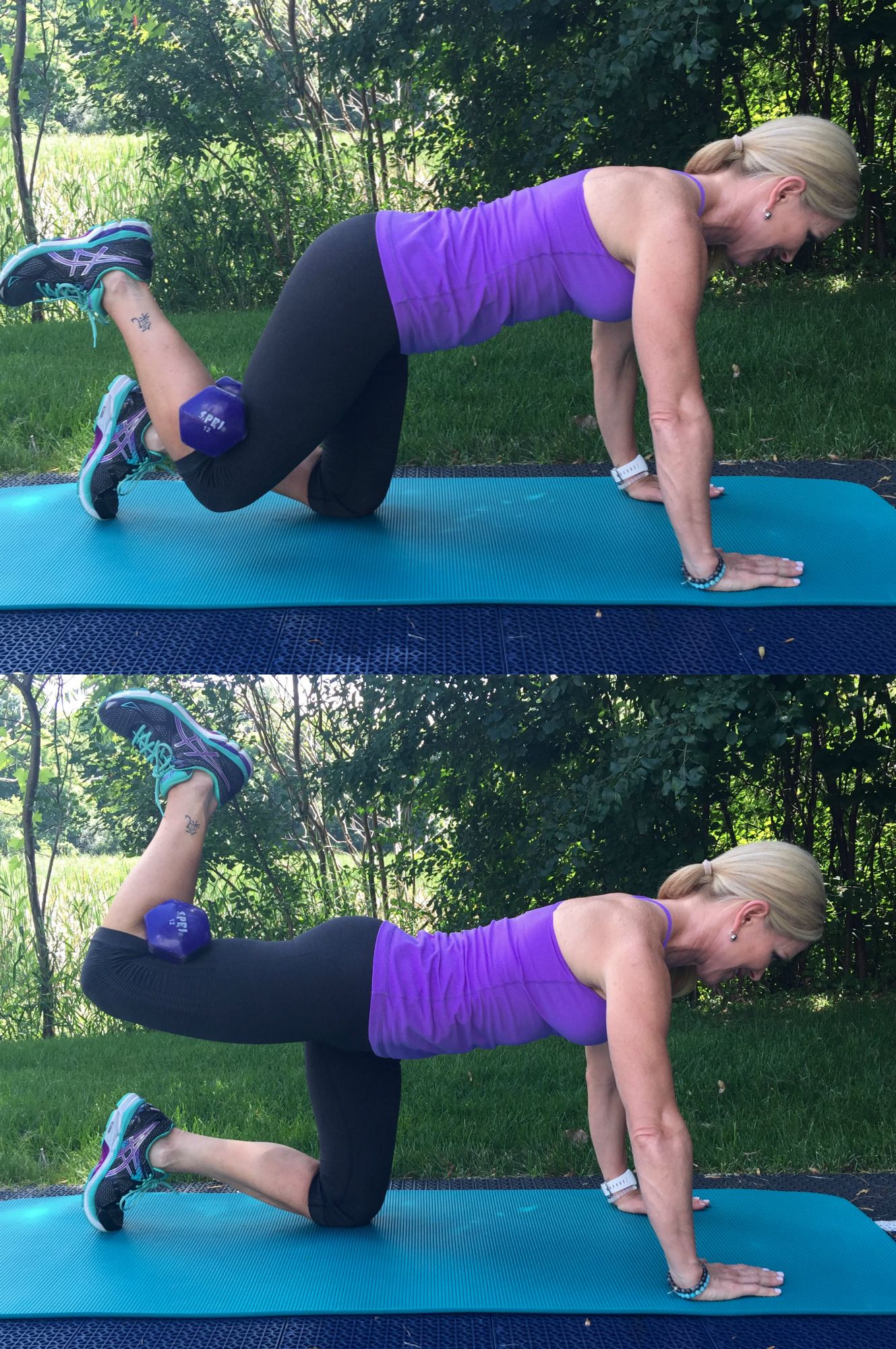 woman on hands and knees with weight behind her knee