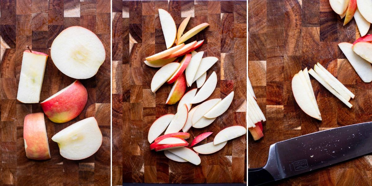 steps cutting apples into matchsticks