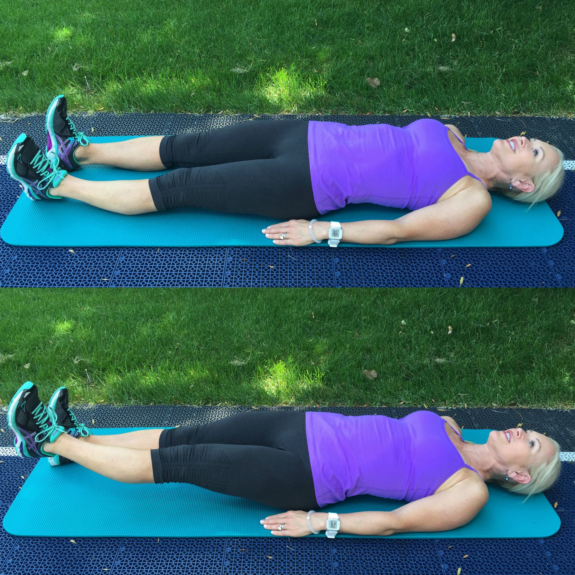 chris laying down on yoga matt in purple top