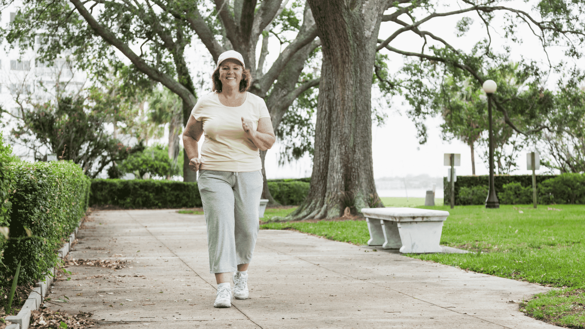 heavy woman power walking and happy